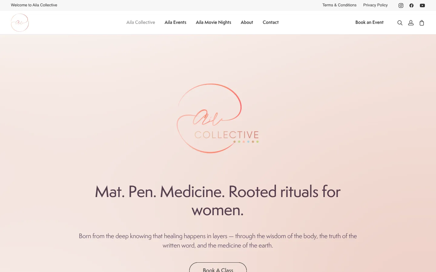 Aila Collective homepage with the collective logo and a Book a Class button