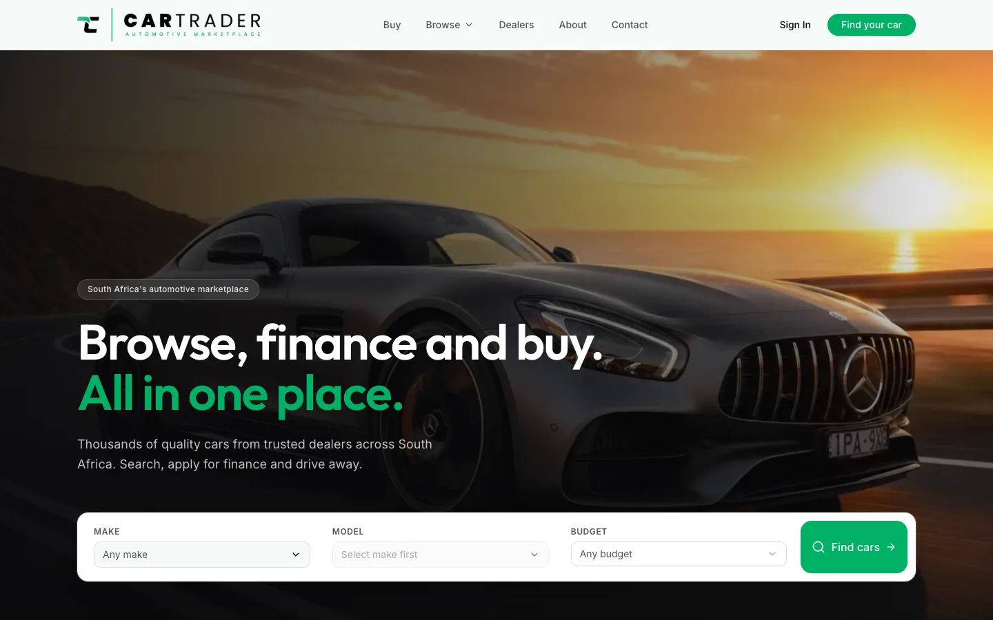 Car Trader homepage with a used car search by make, model and budget