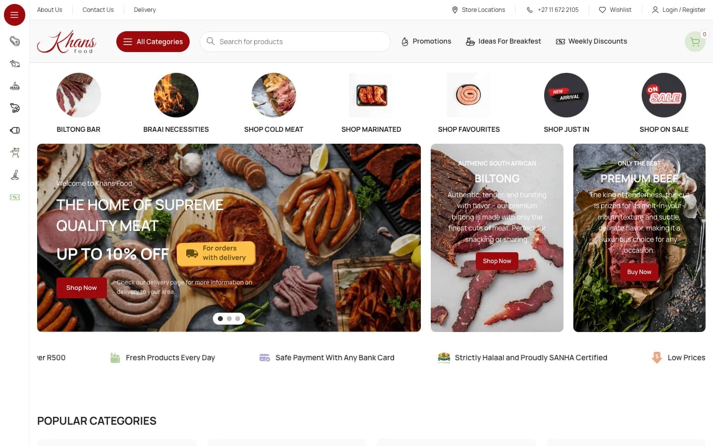Khans Food homepage with meat categories, promotions and a delivery offer
