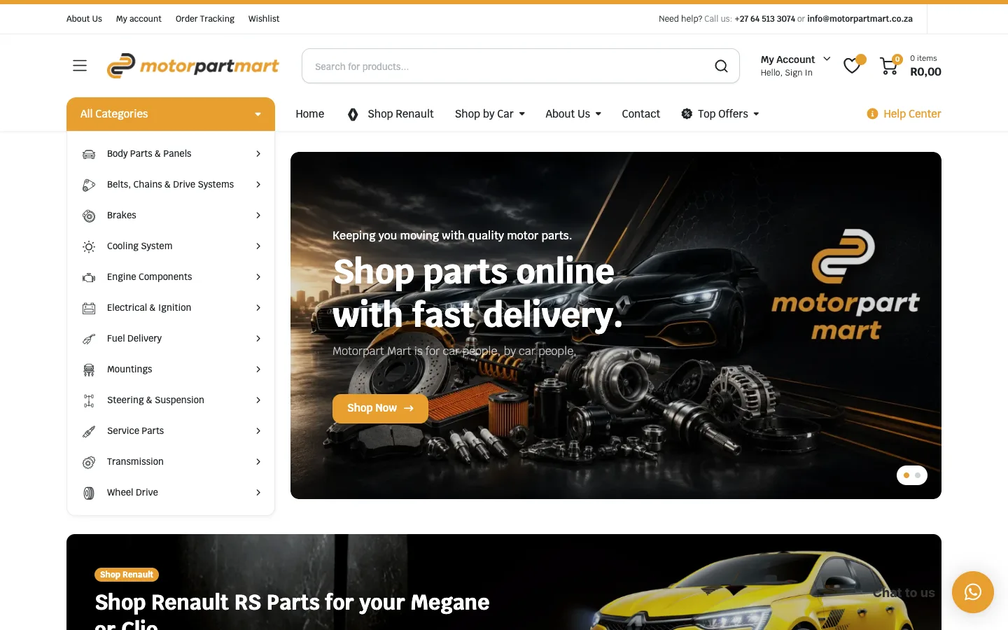 Motorpart Mart homepage showing car part categories and a parts delivery banner