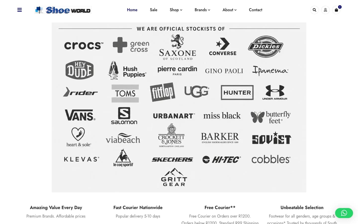 Shoe World homepage showing the footwear brands the store stocks
