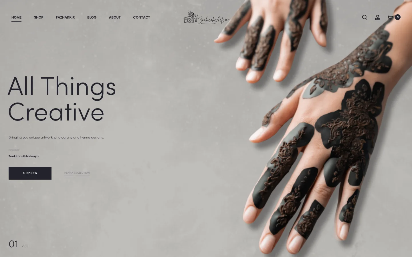 Zaakirah Arts homepage featuring henna designs on a hand
